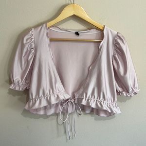 Out From Under Urban Outfitters Pink Satin Tie Front Ruffle Blouse